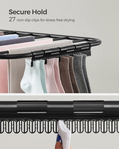 Foldable 2-Level Laundry Drying Rack - Full View
SONGMICS Drying Rack with Adjustable Wings - Side Angle
Foldable Drying Rack with Sock Clips - Close-Up
SONGMICS Indoor Drying Rack in Laundry Room
Foldable Laundry Drying Stand - Compact Storage Mode
