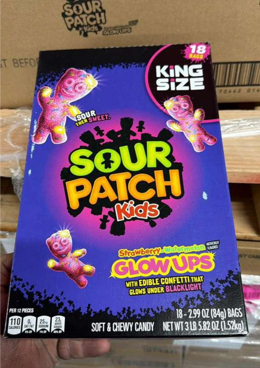Sour Patch Kids Glow Ups Candy 100g King Size Bulk or Single Packs SPKGLW - Snack with Master case 18 packs | Sold by Uncle Wiener's Wholesale