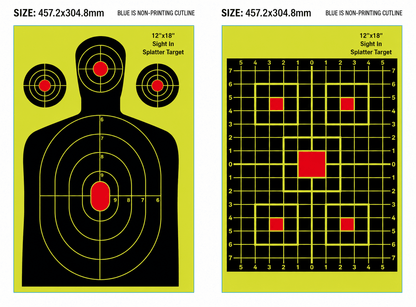 Splatter Shooting Targets 25-Pack High Visibility Reactive Paper Targets 12"x18" & 12"x12" SPTVR - with 12" x 18" Silhouette Target 25-Pack | Sold by Uncle Wiener's Wholesale