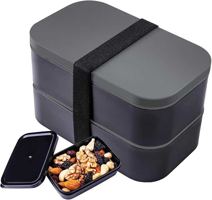 Stackable Bento Lunch Box – 60 oz Microwave-Safe Leak-Resistant Meal Prep Container with Utensils - Food Storage Containers with Gray (without bag) | Sold by Uncle Wiener's Wholesale