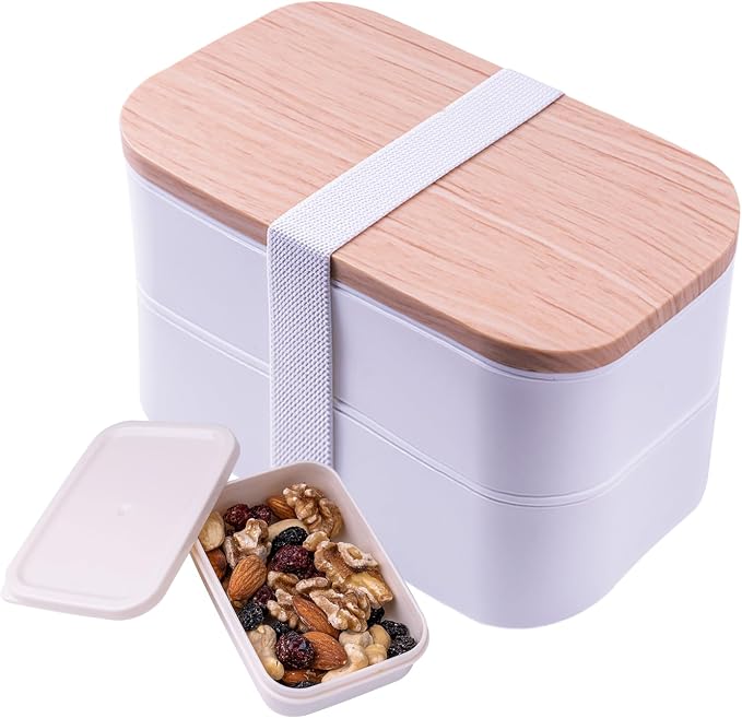 Stackable Bento Lunch Box – 60 oz Microwave-Safe Leak-Resistant Meal Prep Container with Utensils - Food Storage Containers with White (without bag) | Sold by Uncle Wiener's Wholesale