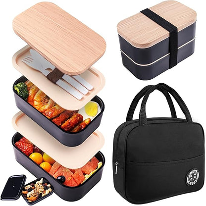 Stackable Bento Lunch Box – 60 oz Microwave-Safe Leak-Resistant Meal Prep Container with Utensils - Food Storage Containers with Black (with bag) | Sold by Uncle Wiener's Wholesale