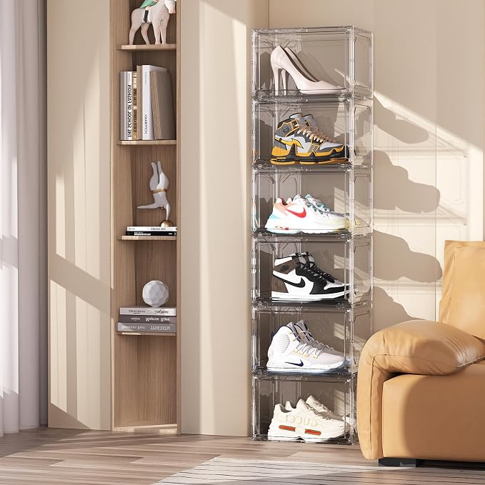 Stackable Clear Shoe Storage Box Organizer – Magnetic Door, Fits Up to Size 13 - Furniture with Clear | Sold by Uncle Wiener's Wholesale