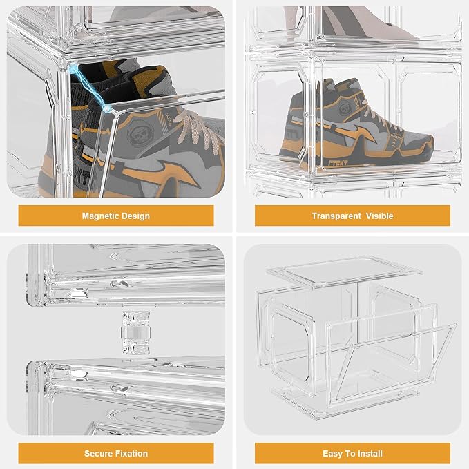 Stackable Clear Shoe Storage Box Organizer – Magnetic Door, Fits Up to Size 13 - Furniture with Black | Sold by Uncle Wiener's Wholesale