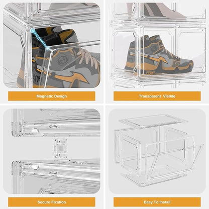 Stackable Clear Shoe Storage Box Organizer – Magnetic Door, Fits Up to Size 13 - Furniture with Black | Sold by Uncle Wiener's Wholesale
