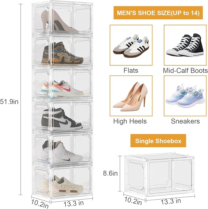 Stackable Clear Shoe Storage Box Organizer – Magnetic Door, Fits Up to Size 13 - Furniture with Black | Sold by Uncle Wiener's Wholesale