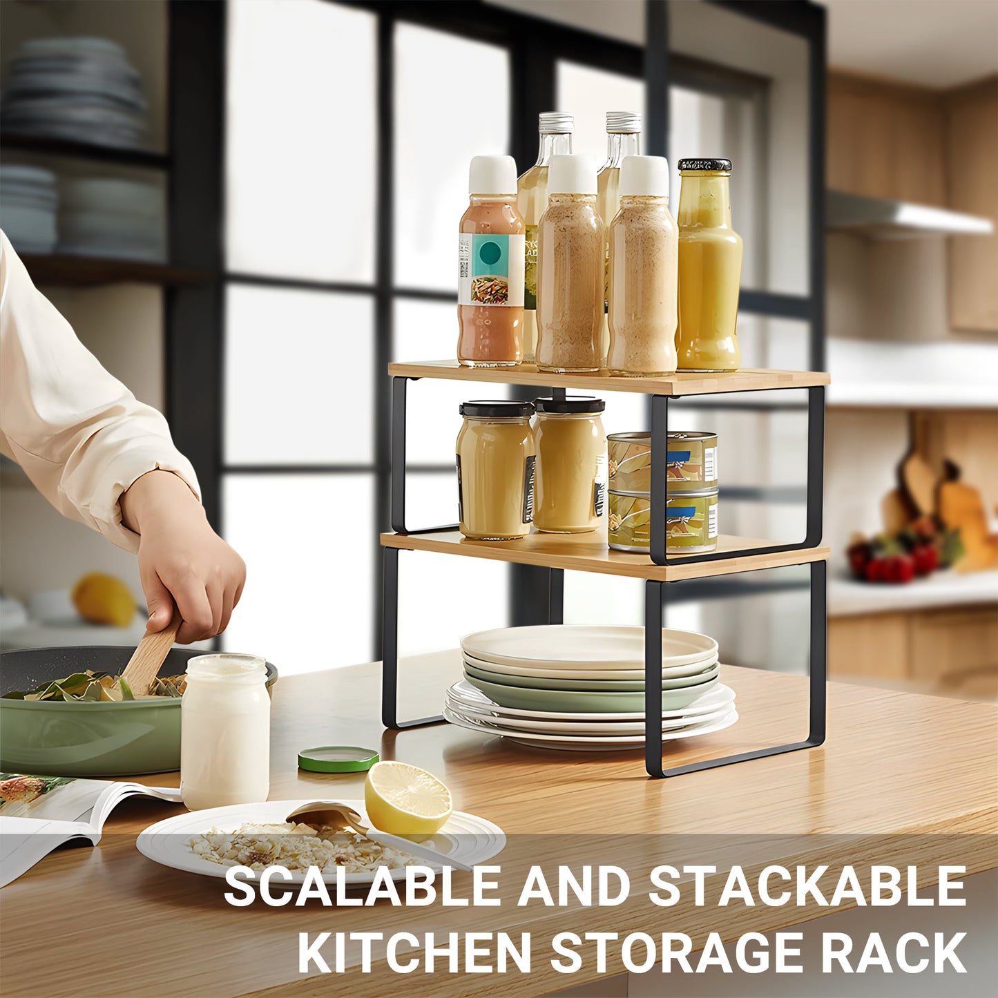 Stackable Set Bamboo Kitchen Counter Shelf Organizer 11.7″ x 7.7″ Black Metal Frame AMDBT30 - with | Sold by Uncle Wiener's Wholesale