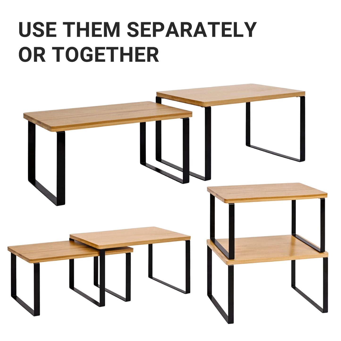 Stackable Set Bamboo Kitchen Counter Shelf Organizer 11.7″ x 7.7″ Black Metal Frame AMDBT30 - with | Sold by Uncle Wiener's Wholesale