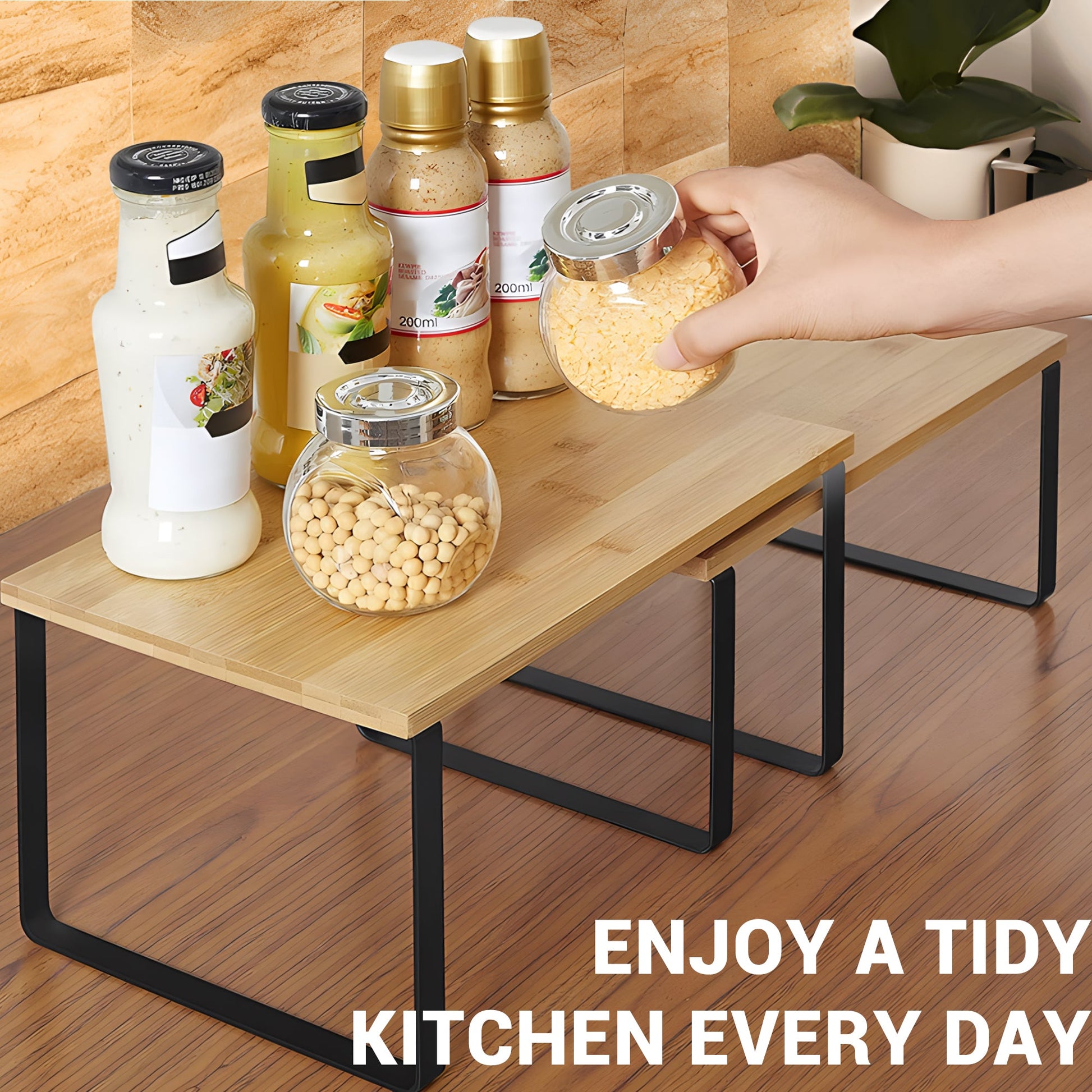 Stackable Set Bamboo Kitchen Counter Shelf Organizer 11.7″ x 7.7″ Black Metal Frame AMDBT30 - with | Sold by Uncle Wiener's Wholesale