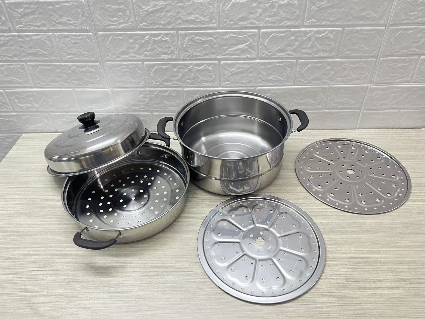 Stainless Steel 28cm Multi-Tier Steamer Pot with Lid Stackable Cooking Steamer SS28CM - with | Sold by Uncle Wiener's Wholesale