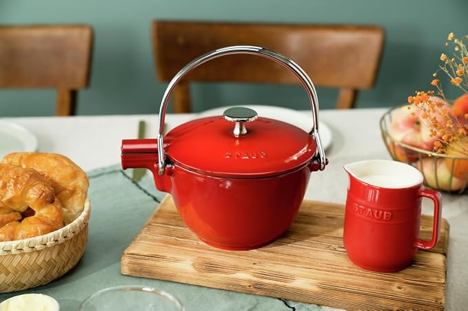 STAUB Round Cast Iron Teapot & Kettle 1 Qt – Cherry Red, Induction Compatible, Made in France - Kitchen Appliances with | Sold by Uncle Wiener's Wholesale
