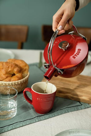 STAUB Round Cast Iron Teapot & Kettle 1 Qt – Cherry Red, Induction Compatible, Made in France