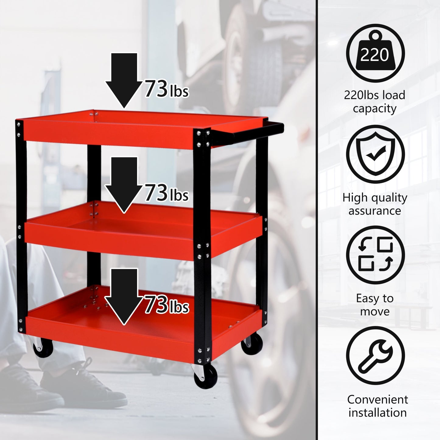 Steel Tool Trolley with Wheels – 3 - Tier Workshop Storage Cart with Side Handle, Heavy - Duty Rolling Tool Organizer AMTMC02 - with | Sold by Uncle Wiener's Wholesale