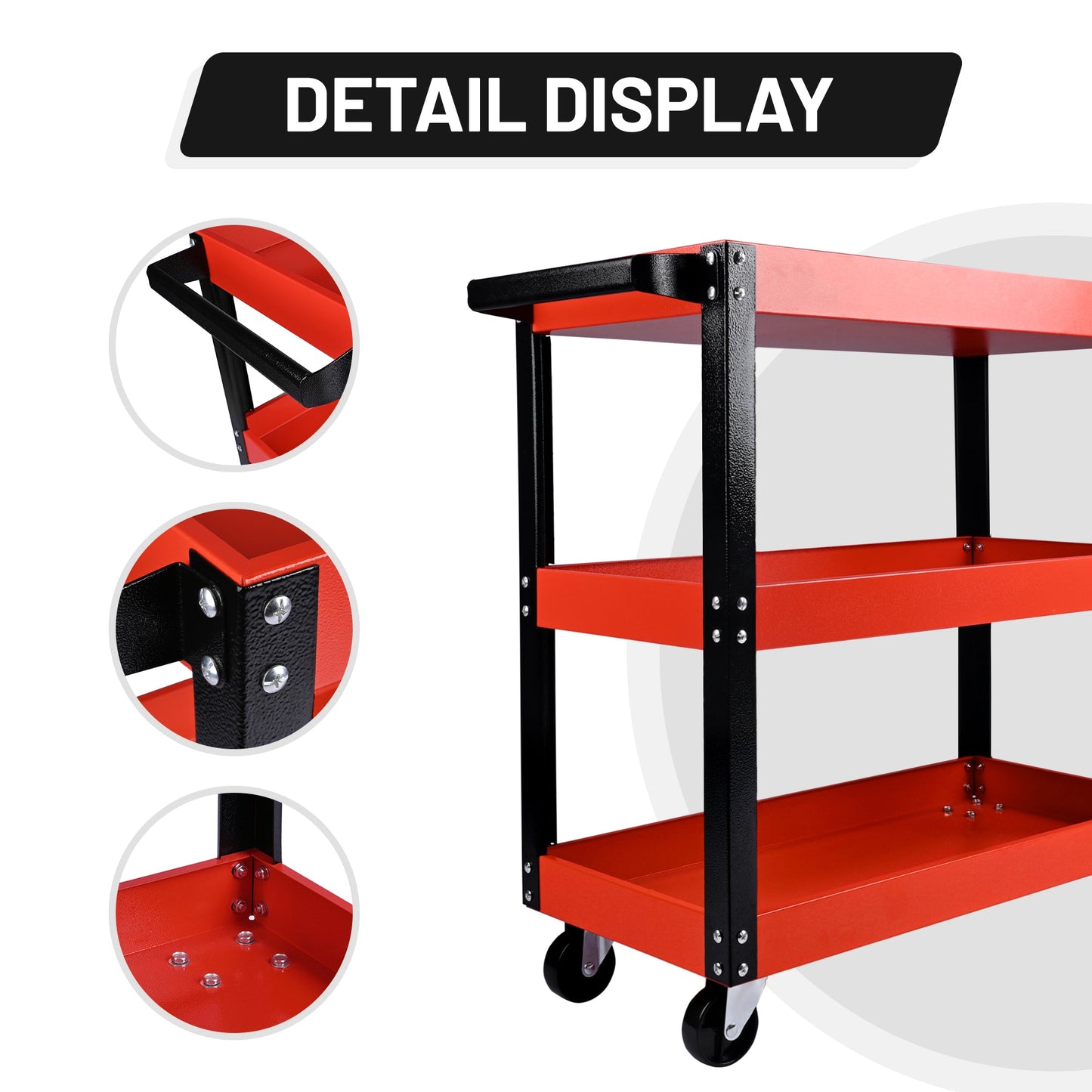 Steel Tool Trolley with Wheels – 3 - Tier Workshop Storage Cart with Side Handle, Heavy - Duty Rolling Tool Organizer AMTMC02 - with | Sold by Uncle Wiener's Wholesale