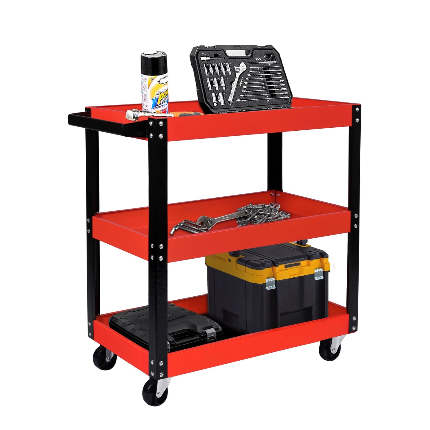 Steel Tool Trolley with Wheels – 3 - Tier Workshop Storage Cart with Side Handle, Heavy - Duty Rolling Tool Organizer AMTMC02 - with | Sold by Uncle Wiener's Wholesale