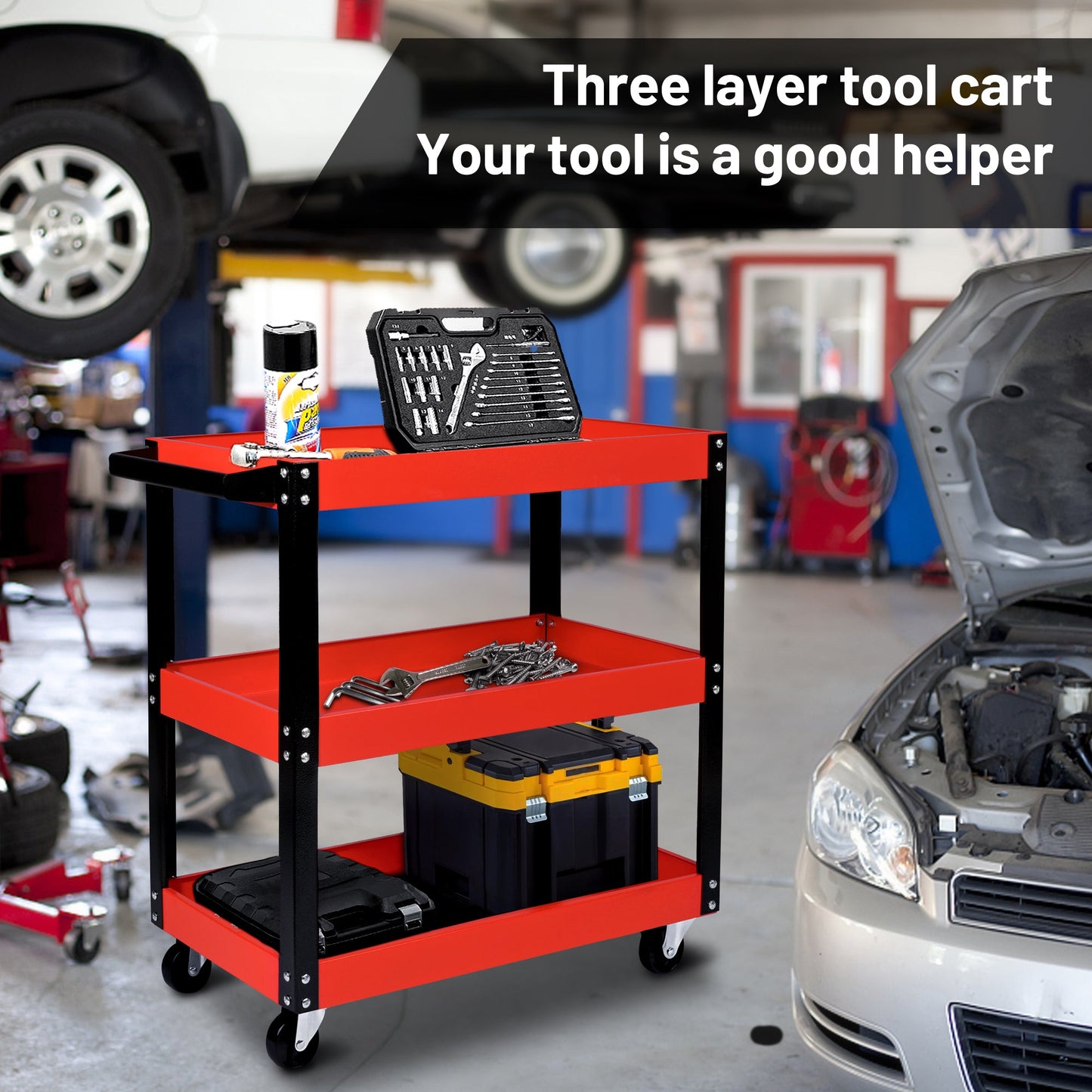 Steel Tool Trolley with Wheels – 3 - Tier Workshop Storage Cart with Side Handle, Heavy - Duty Rolling Tool Organizer AMTMC02 - with | Sold by Uncle Wiener's Wholesale