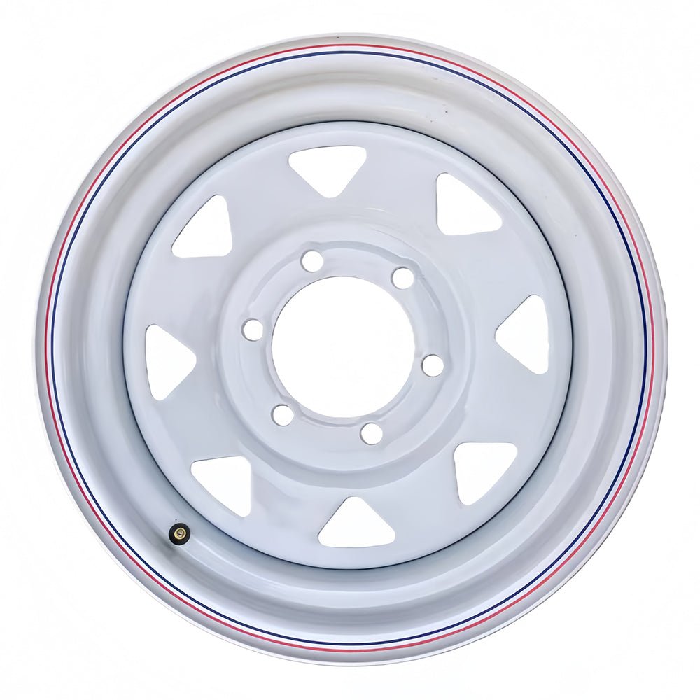 Steel Trailer Rims 12 14 15 16 Inch | 4, 5, 6 & 8 Lug White & Galvanized Trailer Wheels - with 14" x 5.5" – Spoke – 5 Lug 4.5" – White – 1865 lb | Sold by Uncle Wiener's Wholesale