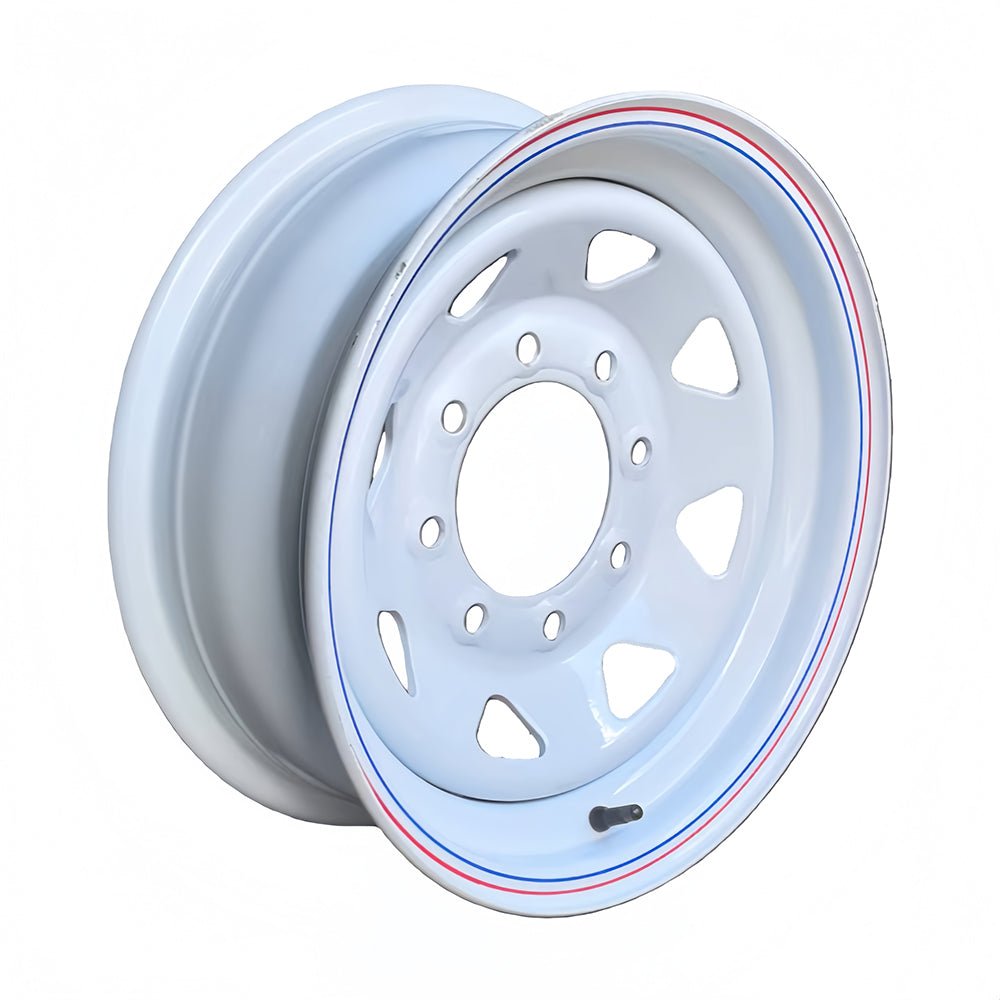Steel Trailer Rims 12 14 15 16 Inch | 4, 5, 6 & 8 Lug White & Galvanized Trailer Wheels - with 14" x 5.5" – Spoke – 5 Lug 4.5" – White – 1865 lb | Sold by Uncle Wiener's Wholesale