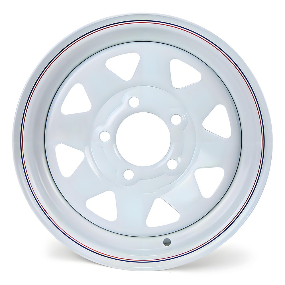 Steel Trailer Rims 12 14 15 16 Inch | 4, 5, 6 & 8 Lug White & Galvanized Trailer Wheels - with 14" x 5.5" – Spoke – 5 Lug 4.5" – White – 1865 lb | Sold by Uncle Wiener's Wholesale