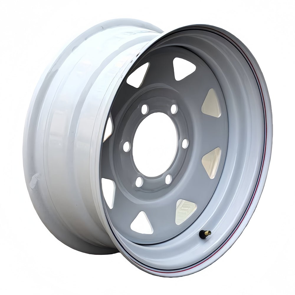 Steel Trailer Rims 12 14 15 16 Inch | 4, 5, 6 & 8 Lug White & Galvanized Trailer Wheels - with 14" x 5.5" – Spoke – 5 Lug 4.5" – White – 1865 lb | Sold by Uncle Wiener's Wholesale