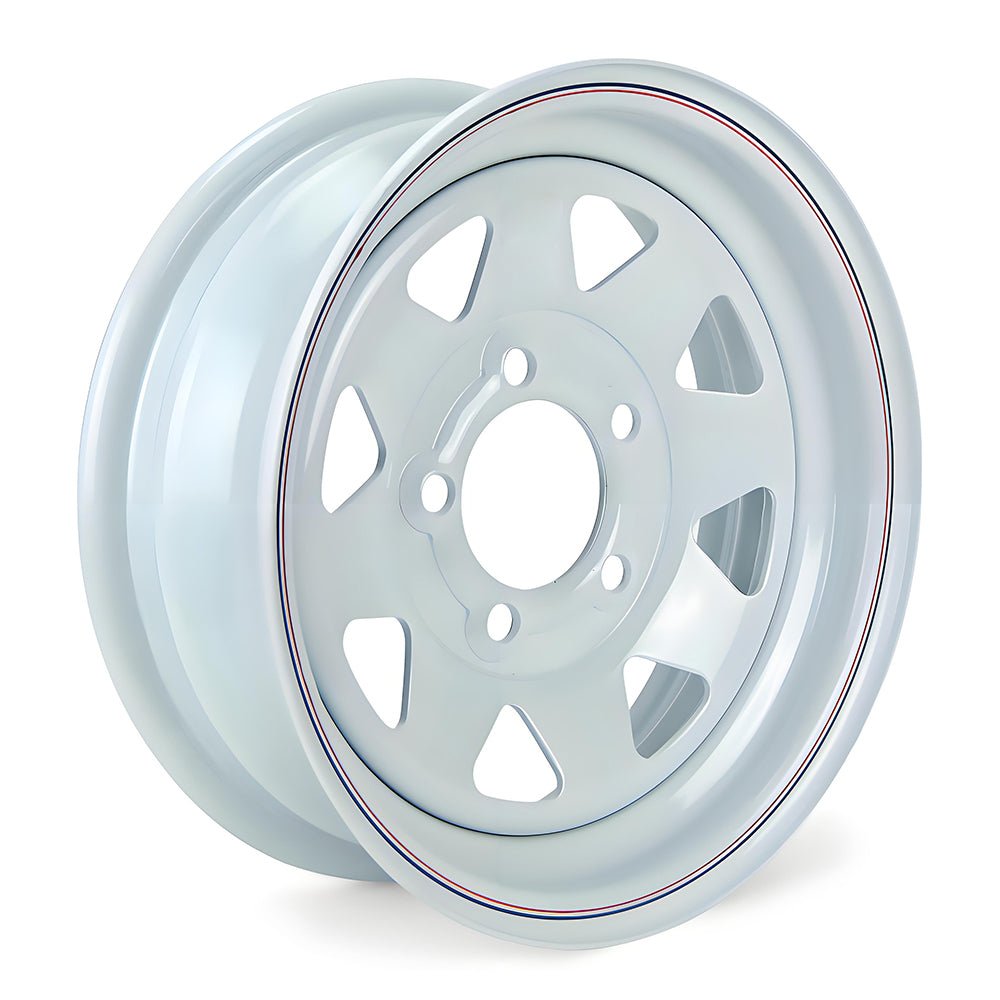 Steel Trailer Rims 12 14 15 16 Inch | 4, 5, 6 & 8 Lug White & Galvanized Trailer Wheels - with 14" x 5.5" – Spoke – 5 Lug 4.5" – White – 1865 lb | Sold by Uncle Wiener's Wholesale
