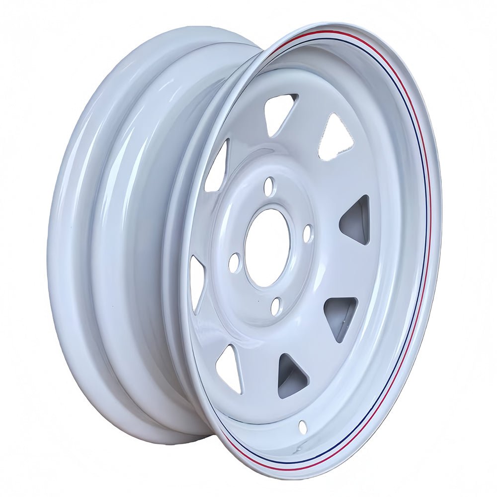 Steel Trailer Rims 12 14 15 16 Inch | 4, 5, 6 & 8 Lug White & Galvanized Trailer Wheels - with 13" x 4.5" – Spoke – 4 Lug 4.0" – White – 1730 lb | Sold by Uncle Wiener's Wholesale