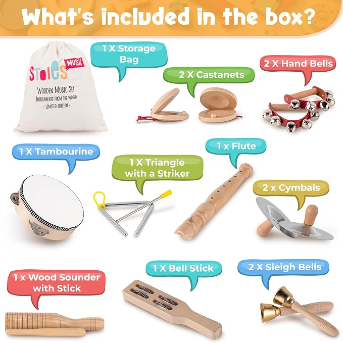 Stoie's Wooden Musical Instruments Set for Toddlers – Montessori Percussion Music Toy Kit with Drum, Tambourine, Bells & Flute - Toys with | Sold by Uncle Wiener's Wholesale
