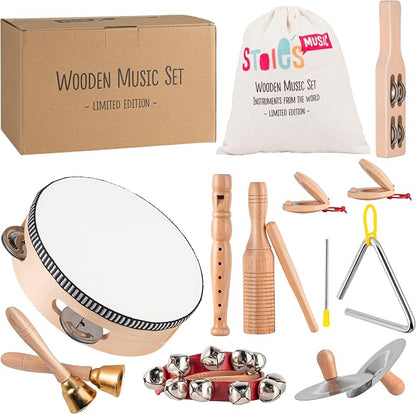 Stoie's Wooden Musical Instruments Set for Toddlers – Montessori Percussion Music Toy Kit with Drum, Tambourine, Bells & Flute - Toys with | Sold by Uncle Wiener's Wholesale