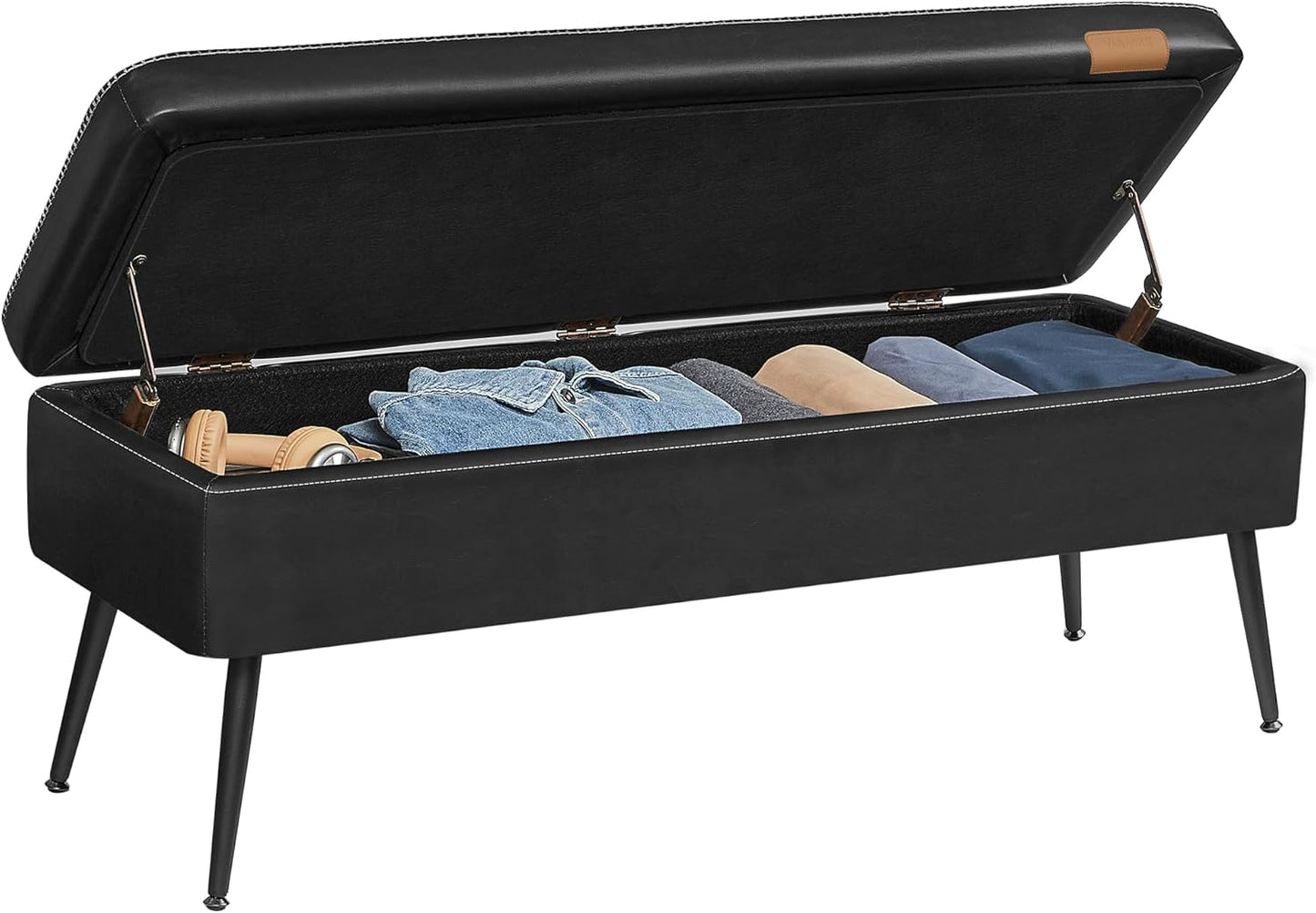 Storage Ottoman Bench with Hidden Storage, Entryway Bench, Bedroom Bench, Upholstered Seat with Safety Hinges and Steel Legs Mid Century Modern Ink Black LOM074BH03 - with | Sold by Uncle Wiener's Wholesale