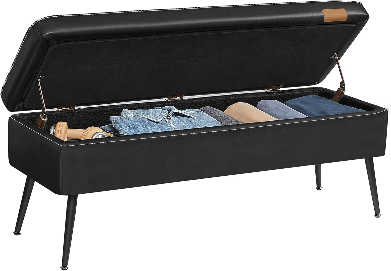 Storage Ottoman Bench with Hidden Storage, Entryway Bench, Bedroom Bench, Upholstered Seat with Safety Hinges and Steel Legs Mid Century Modern Ink Black LOM074BH03 - with | Sold by Uncle Wiener's Wholesale