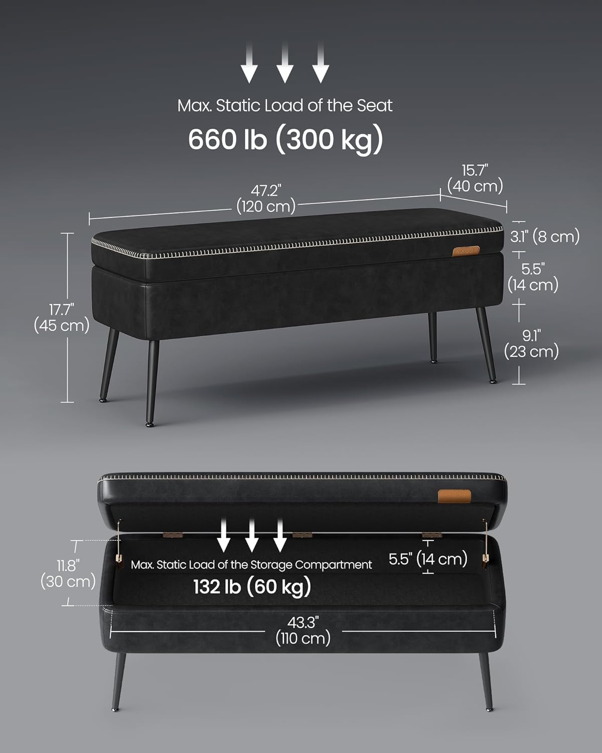 Storage Ottoman Bench with Hidden Storage, Entryway Bench, Bedroom Bench, Upholstered Seat with Safety Hinges and Steel Legs Mid Century Modern Ink Black LOM074BH03 - with | Sold by Uncle Wiener's Wholesale