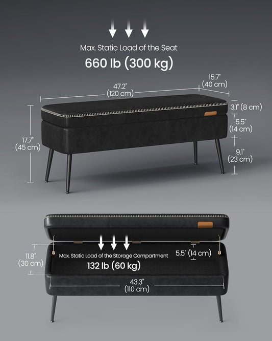 Storage Ottoman Bench with Hidden Storage, Entryway Bench, Bedroom Bench, Upholstered Seat with Safety Hinges and Steel Legs Mid Century Modern Ink Black LOM074BH03 - with | Sold by Uncle Wiener's Wholesale