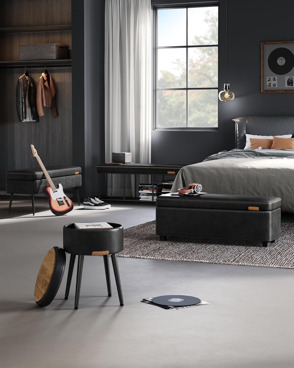 Storage Ottoman Bench with Hidden Storage, Upholstered Entryway Bench, Bedroom Storage Bench with Safety Hinges Mid Century Modern Ink Black LOM075B01 - with | Sold by Uncle Wiener's Wholesale
