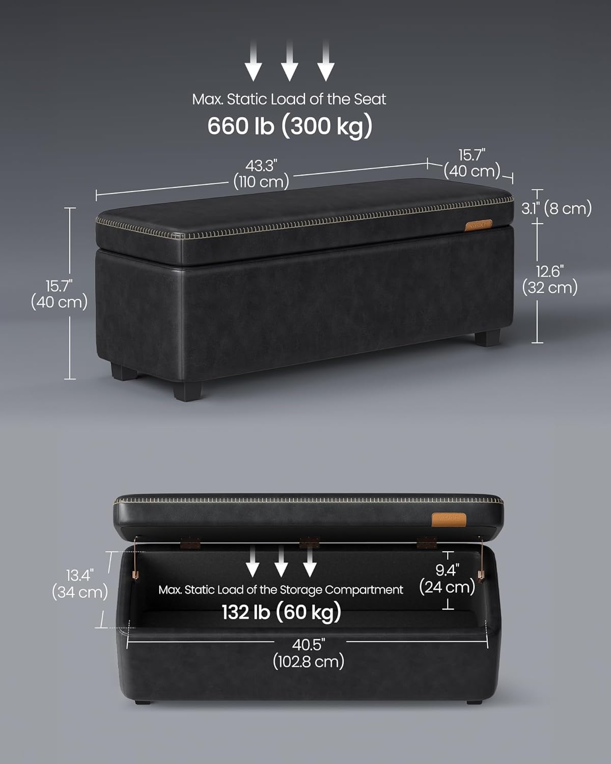 Storage Ottoman Bench with Hidden Storage, Upholstered Entryway Bench, Bedroom Storage Bench with Safety Hinges Mid Century Modern Ink Black LOM075B01 - with | Sold by Uncle Wiener's Wholesale
