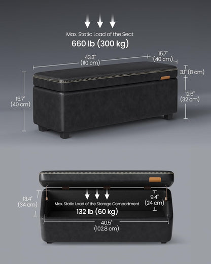 Storage Ottoman Bench with Hidden Storage, Upholstered Entryway Bench, Bedroom Storage Bench with Safety Hinges Mid Century Modern Ink Black LOM075B01 - with | Sold by Uncle Wiener's Wholesale