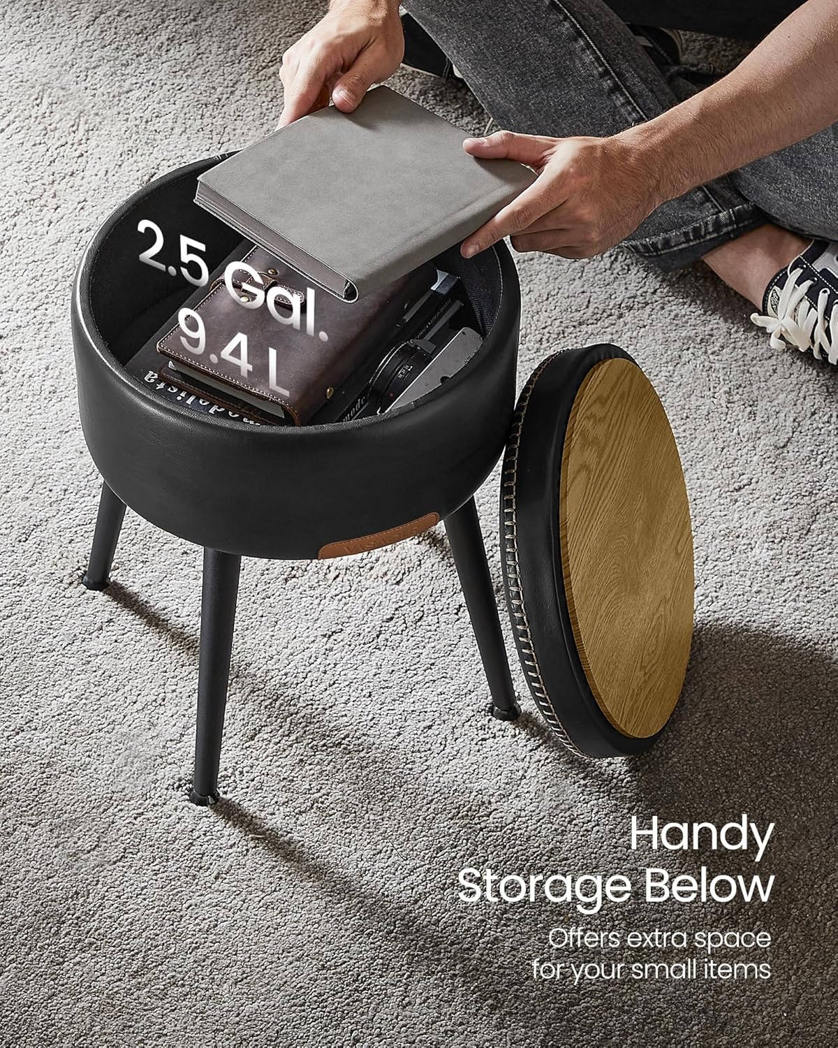 Storage Ottoman Stool with Hidden Storage, Round Vanity Chair, Foot Rest and Side Table with Synthetic Leather Seat Ink Black LOM005B01 - with | Sold by Uncle Wiener's Wholesale