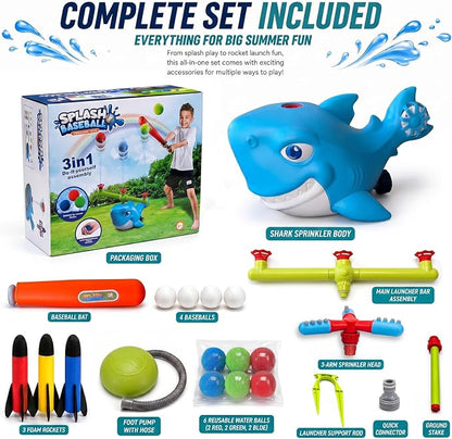 STSAIL 4-in-1 Shark Water Sprinkler Toy Set for Kids – T-Ball Splash Game, 360° Sprinkler, Water Ball Game & Stomp Rocket Launcher - Toys with | Sold by Uncle Wiener's Wholesale