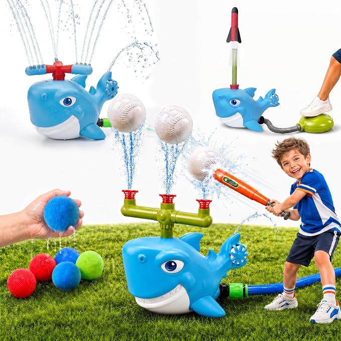 STSAIL 4-in-1 Shark Water Sprinkler Toy Set for Kids – T-Ball Splash Game, 360° Sprinkler, Water Ball Game & Stomp Rocket Launcher - Toys with | Sold by Uncle Wiener's Wholesale