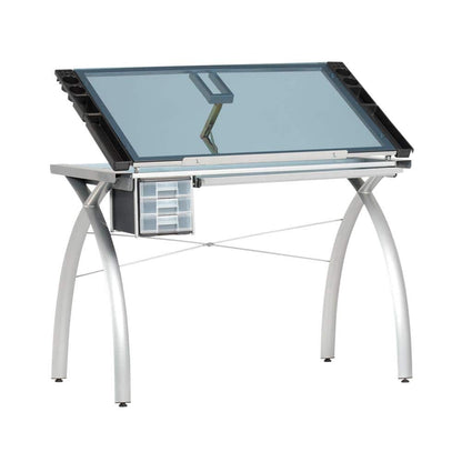 Studio Designs Futura Collection 38 in. W Silver/Blue Glass Metal and Glass Craft Table with Storage and Angle Adjustable Top - with Silver / Blue Glass | Sold by Uncle Wiener's Wholesale
