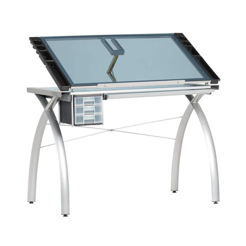 Studio Designs Futura Collection 38 in. W Silver/Blue Glass Metal and Glass Craft Table with Storage and Angle Adjustable Top - with Silver / Blue Glass | Sold by Uncle Wiener's Wholesale