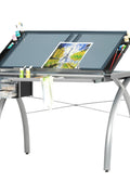 Studio Designs Futura Collection 38 in. W Silver/Blue Glass Metal and Glass Craft Table with Storage and Angle Adjustable Top - with Silver / Blue Glass | Sold by Uncle Wiener's Wholesale