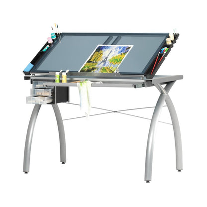 Studio Designs Futura Collection 38 in. W Silver/Blue Glass Metal and Glass Craft Table with Storage and Angle Adjustable Top - with Silver / Blue Glass | Sold by Uncle Wiener's Wholesale
