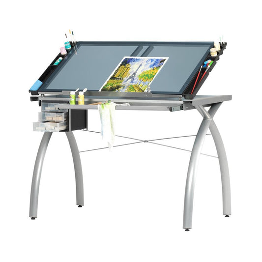 Studio Designs Futura Collection 38 in. W Silver/Blue Glass Metal and Glass Craft Table with Storage and Angle Adjustable Top - with Silver / Blue Glass | Sold by Uncle Wiener's Wholesale