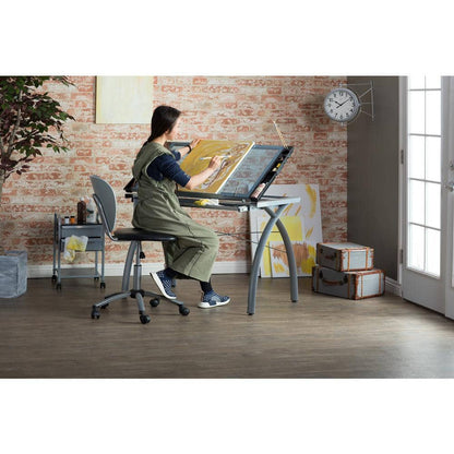 Studio Designs Futura Collection 38 in. W Silver/Blue Glass Metal and Glass Craft Table with Storage and Angle Adjustable Top - with Silver / Blue Glass | Sold by Uncle Wiener's Wholesale