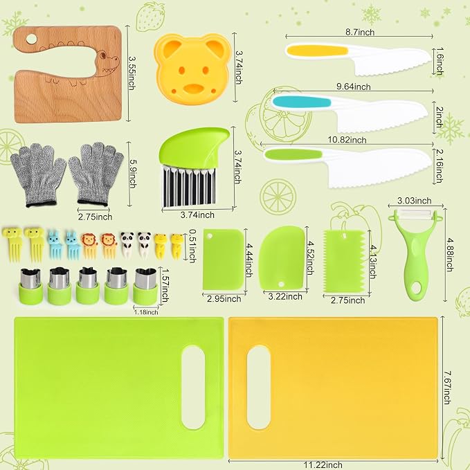 Suhctuptx 28-Piece Kids Knife Set – Montessori Toddler Kitchen Tools with Cutting Boards, Crinkle Cutter & Safe Cooking Knives - Toys with | Sold by Uncle Wiener's Wholesale