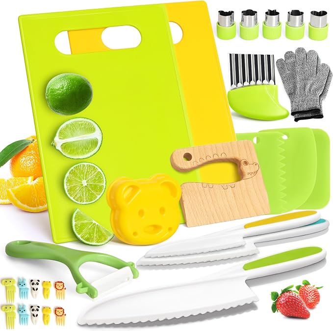 Suhctuptx 28-Piece Kids Knife Set – Montessori Toddler Kitchen Tools with Cutting Boards, Crinkle Cutter & Safe Cooking Knives - Toys with | Sold by Uncle Wiener's Wholesale