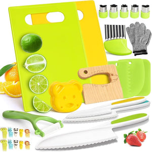 Suhctuptx 28-Piece Kids Knife Set – Montessori Toddler Kitchen Tools with Cutting Boards, Crinkle Cutter & Safe Cooking Knives