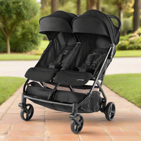 Summer Infant 3Dpac CS+ double stroller in black with car seat compatibility and large canopies
Compact lightweight double stroller with two seats and peekaboo windows
Black twin stroller folded for easy transport
Close-up of stroller seat recline and under-storage basket