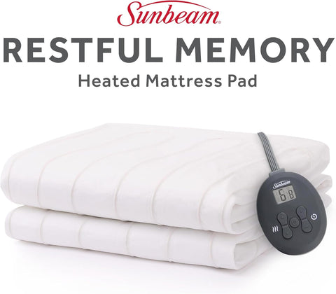 Sunbeam Electric Restful Heated Mattress Pad, 12 Heat Settings, 12 - Hour Selectable Auto Shut - Off, Fast Heating, Warming Bed, Soft Cozy Fabric, Full, 54" x 75" - with White | Sold by Uncle Wiener's Wholesale