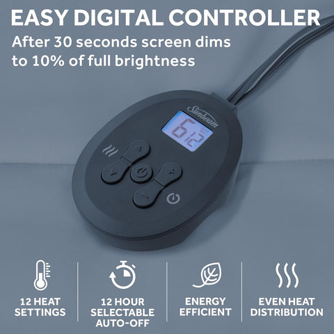 Sunbeam Electric Restful Heated Mattress Pad, 12 Heat Settings, 12 - Hour Selectable Auto Shut - Off, Fast Heating, Warming Bed, Soft Cozy Fabric, Queen, 60" x 80" - with White | Sold by Uncle Wiener's Wholesale